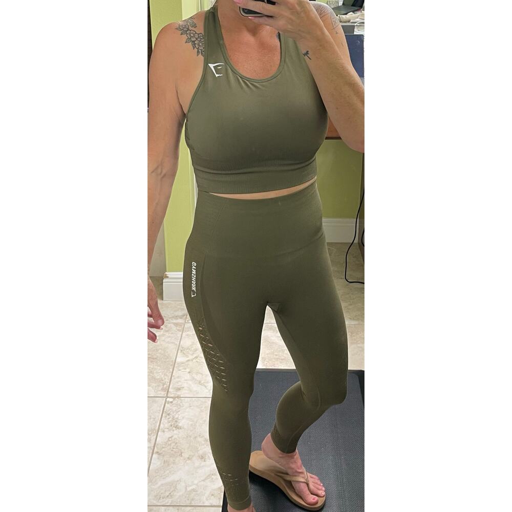 Gymshark NWOT Flex Dry Knit Cutout Workout Set small Olive Green 2 Piece